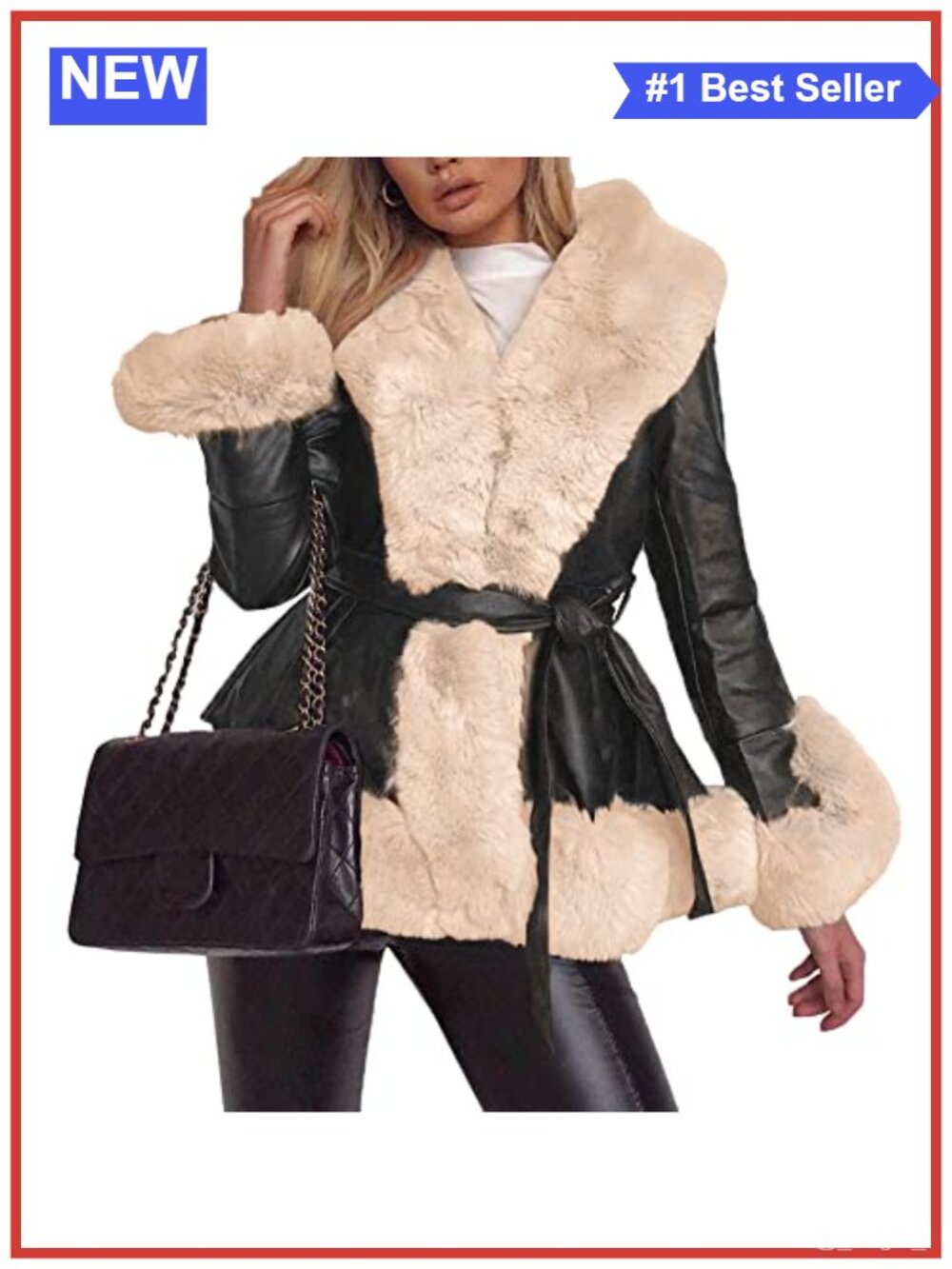Faux Leather Parka Coat with Faux Fur Collar Belted Winter Warm Jacket